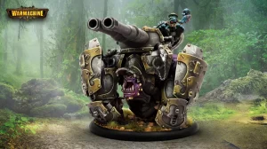 Mega war machine from Warhammer with a twin barrel cannon atop a armored chassis in a forest clearing