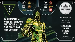 Poster advertising Las Vegas Open 2026 featuring a yellow armored robot event logos and text about tournaments and tickets Oct 14