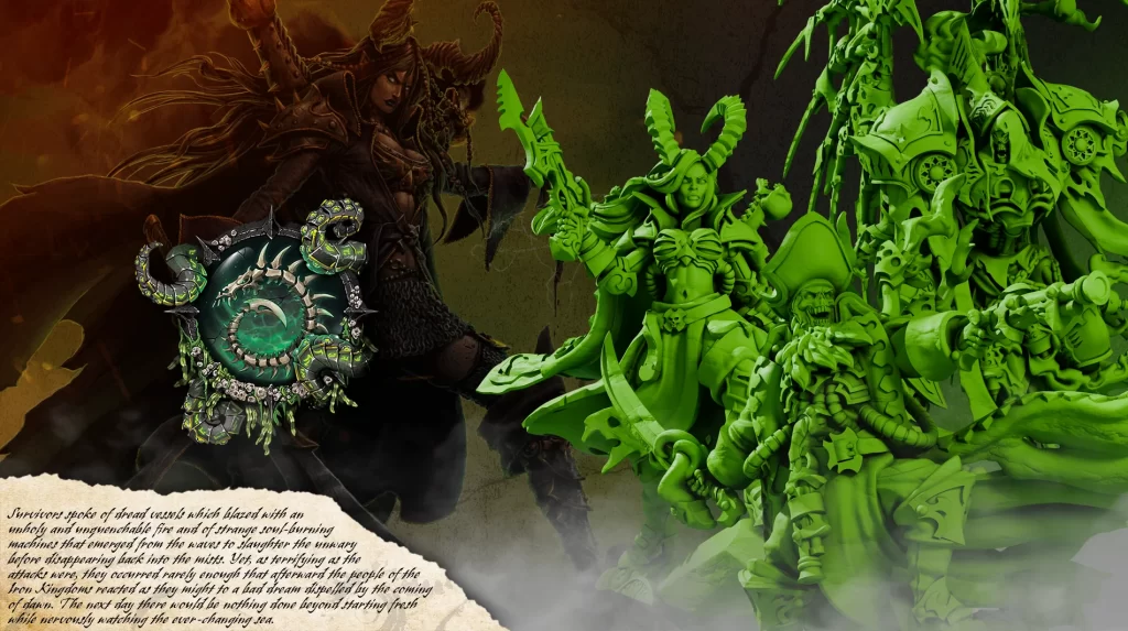 LoremachineFeatured2500x1400DreadArmada Frontline Gaming Dark horned warrior in armor faces a horde of bright green orc soldiers in a dramatic fantasy battle scene with a torn parchment edge