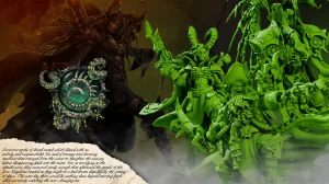 Dark horned warrior in armor faces a horde of bright green orc soldiers in a dramatic fantasy battle scene with a torn parchment edge