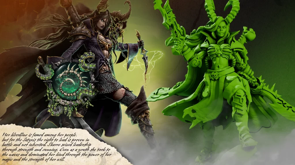 Dark armored female fighter confronts a green skinned horned demon unleashing glowing lightning between them in a smoky battleground