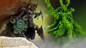 Dark armored female fighter confronts a green skinned horned demon unleashing glowing lightning between them in a smoky battleground