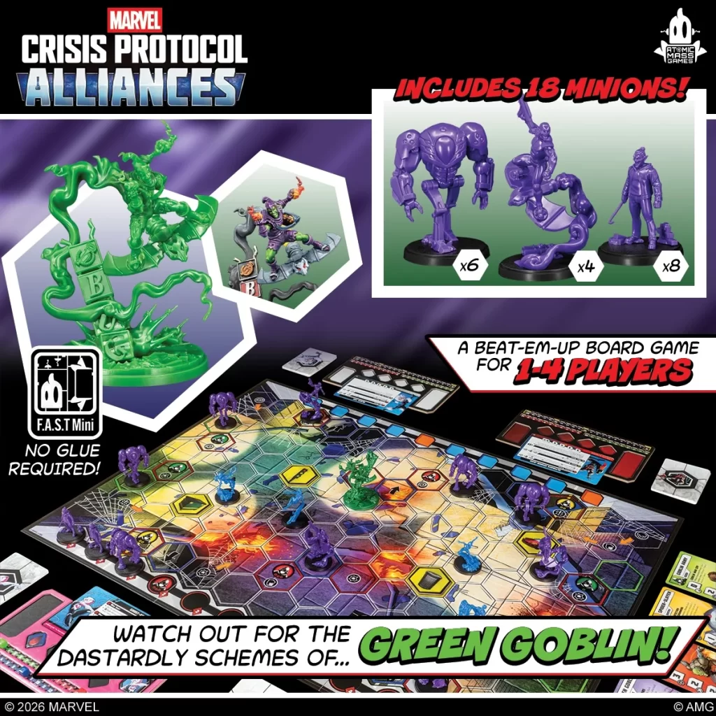 Marvel Crisis Protocol Alliances game cover showing purple goblinmonster minis and a hex grid game board for 14 players includes 18 minions