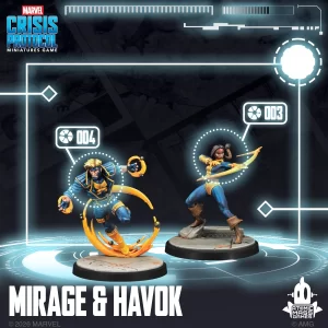 Two Marvel Crisis Protocol miniatures Mirage and Havok posed on circular bases in a high tech display with glowing panels and circuit motifs
