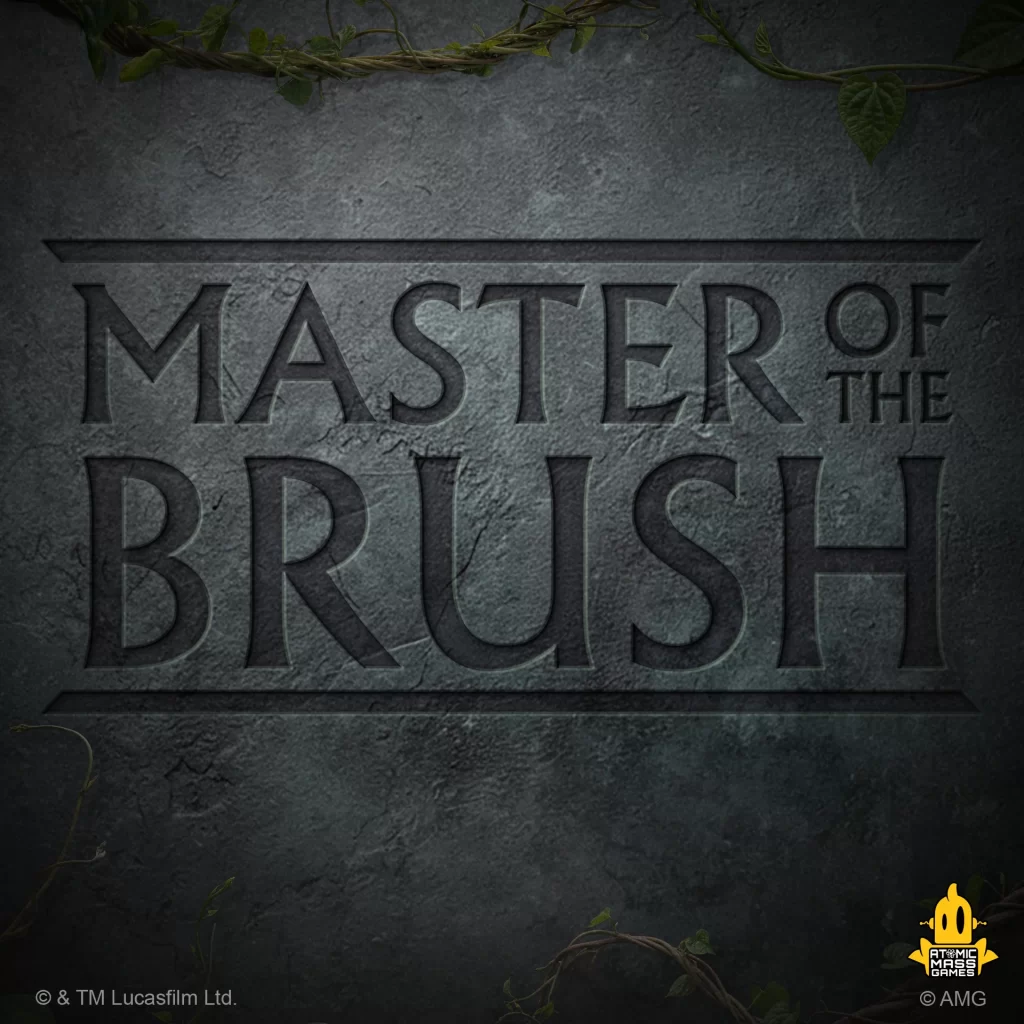 Dark stone wall with large embossed title text and creeping vines Atomic Mass Games logo bottom right