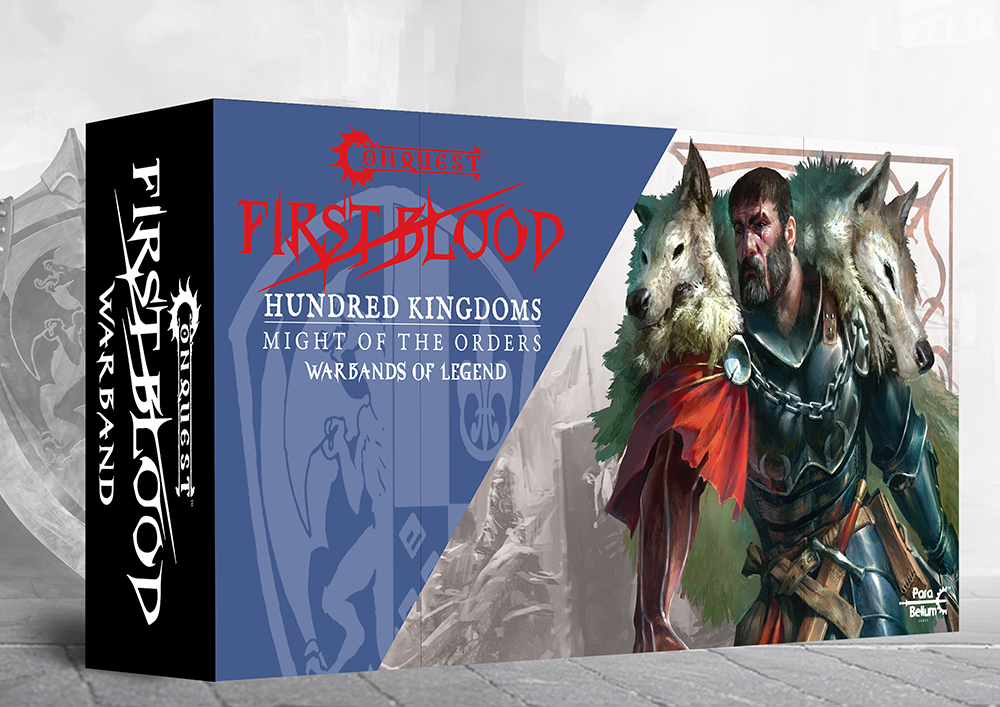 PBW6187HundredKingdomMightoftheOrdersFirstBloodBoxAEshopcopy Frontline Gaming Box for the Conquest First Blood board game showing a armored warrior with wolf pelts on the cover on the right and blue panel design on the left
