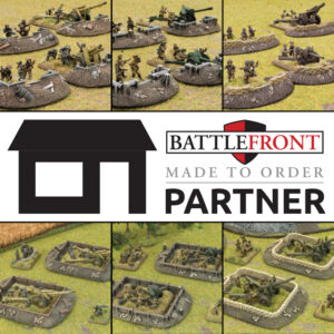Collage of World War II tabletop miniatures on grassy terrain with tanks artillery and infantry center logo reads Battlefront Made to Order Partner