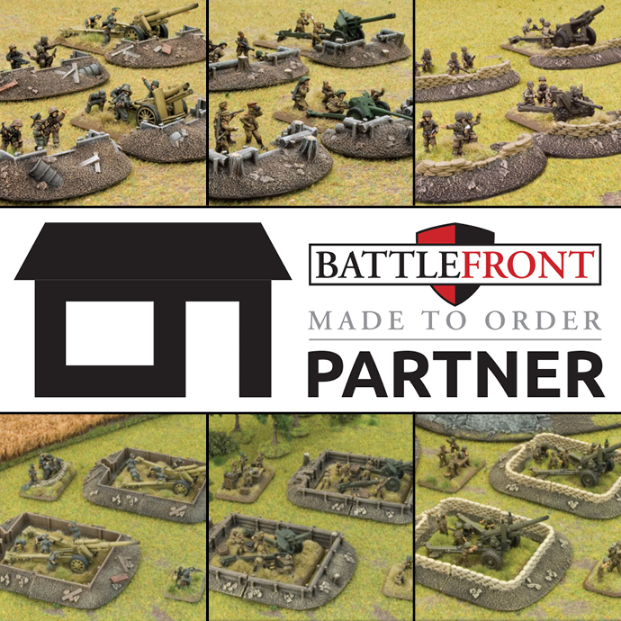 Collage of World War II tabletop miniatures on grassy terrain with tanks artillery and infantry center logo reads Battlefront Made to Order Partner