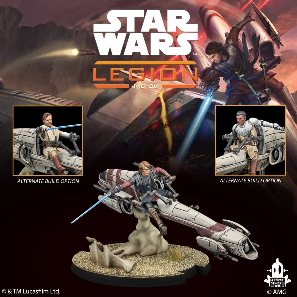 Star Wars Legion promotional image showing alternate build options for minis featuring two boxed figures riding speeder bikes against a space battle backdrop