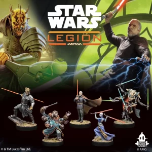 Star Wars Legion promo art with a menacing armored warrior on the left and a bearded man wielding a red lightsaber on the right plus miniatures at the bottom