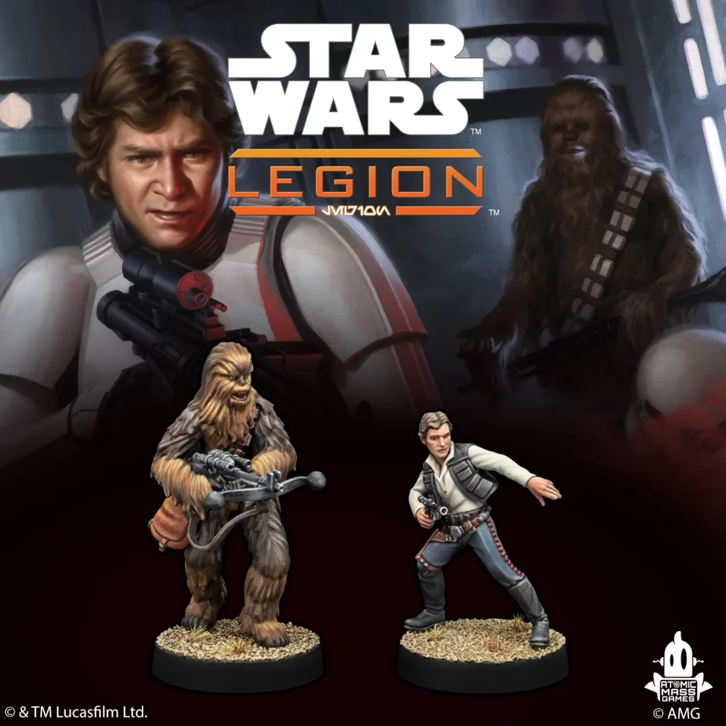 Star Wars Legion promo art with Luke Skywalker in the foreground and Chewbacca and Han Solo miniatures below
