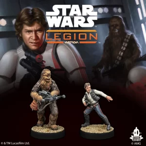 Star Wars Legion promo art with Luke Skywalker in the foreground and Chewbacca and Han Solo miniatures below