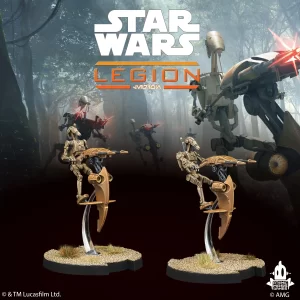 Star Wars Legion game cover featuring battle droids in a forest with two curved blade like bases in foreground and the Star Wars Legion logo above left