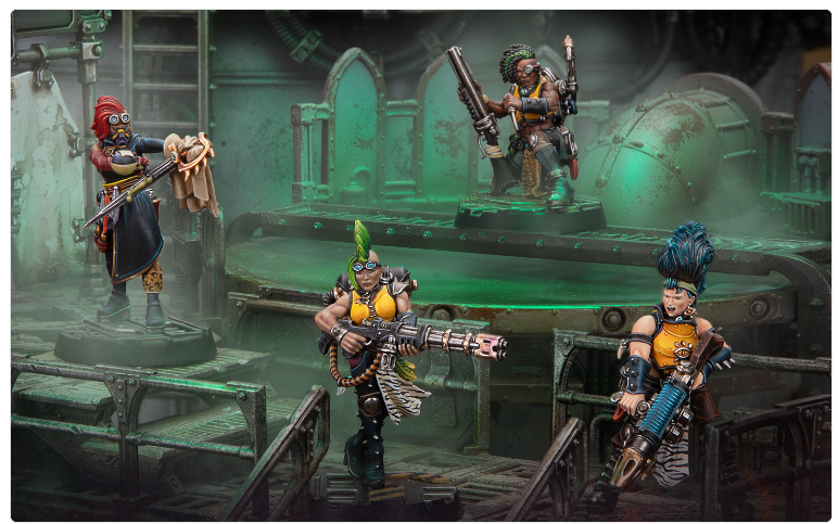 Four wargaming miniatures with mohawks in yellow and black armor on a green lit sci fi industrial set Front left holds a cloak center fires a long rifle front right wields a large gun rear stands ready