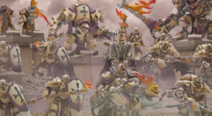 A squad of beige and purple armored knights clash on a ruined fortress wielding shields swords and flame tipped weapons amid a smoky battle scene