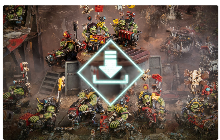 Tabletop wargame scene with orc miniatures fighting in a ruined battlefield a glowing download icon centered