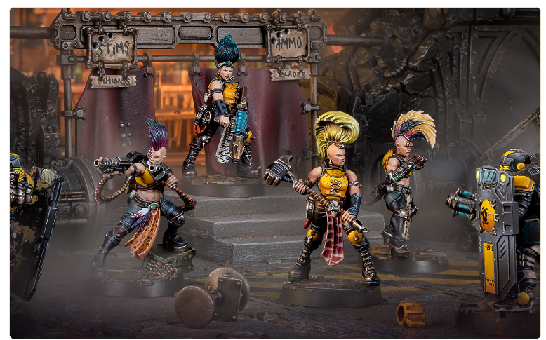 Screenshot 20260903 112851 Frontline Gaming Five yellow armored punk warriors with mohawks armed and posed on a smoky industrial battlefield with grim machinery in the background
