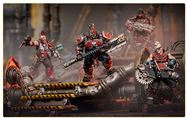 Screenshot 20260904 110926 Frontline Gaming Tabletop miniature battle scene with armored orc like warriors standing on a metallic industrial platform amidst pipes and gears wielding large weapons
