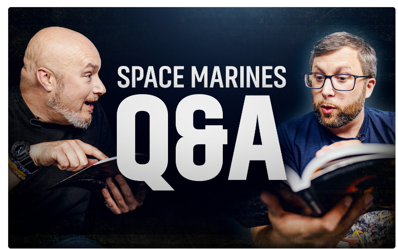 Screenshot 20260904 152142 Frontline Gaming Two men reading a book together with a large QA graphic and Space Marines text in the background suggesting a discussion or live QA session