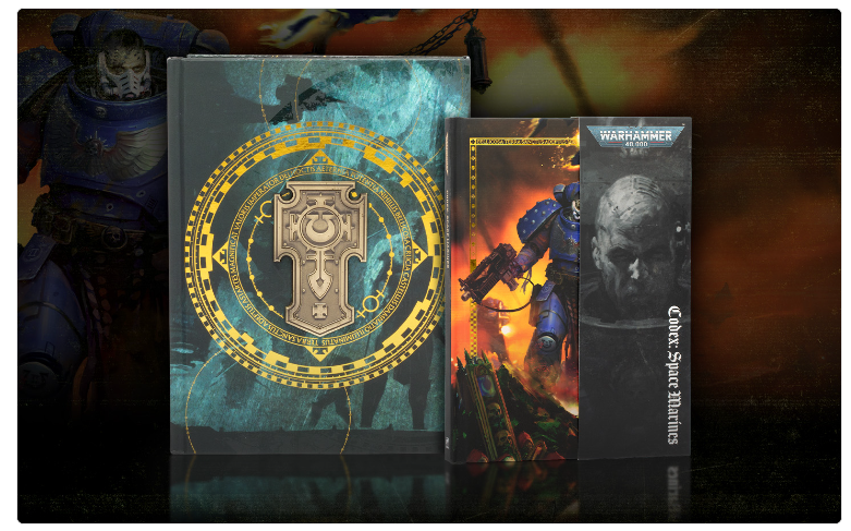 Screenshot 20260907 113505 Frontline Gaming Boxed Warhammer 40k collectibles set with ornate circular emblem on the largest cover flanked by two smaller boxed editions against a dark background