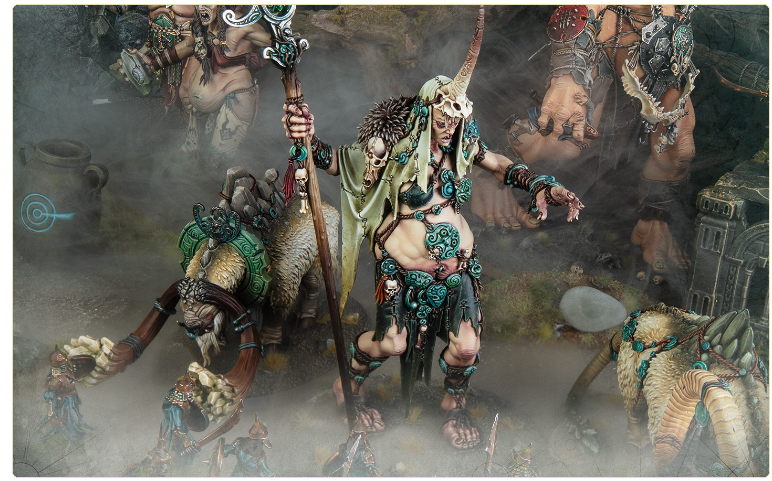 Central tribal warlord with skull mask and turquoise armor raises a spear in a foggy battlefield surrounded by armored monsters and minions