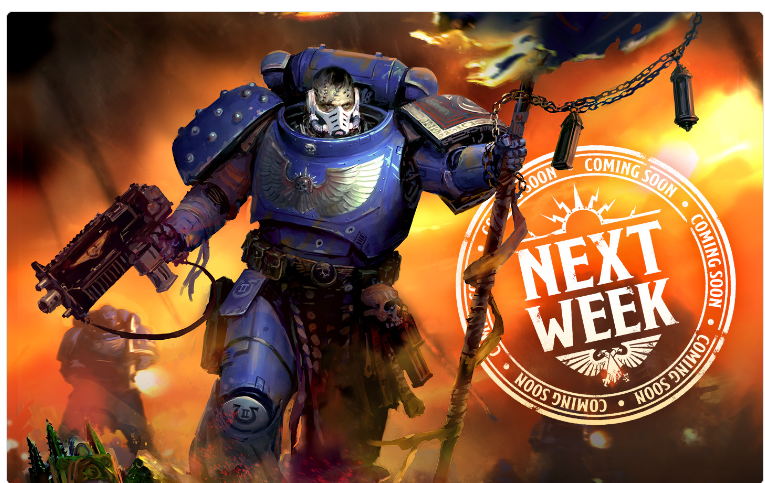 Screenshot 20260914 081202 Frontline Gaming Blue armored space marine in a fiery battle scene wielding a flamethrower and a banner like staff with a circular Next Week Coming Soon stamp in the background