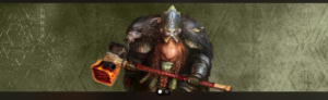 Fantasy warrior with horned helmet and fur cloak wielding a glowing fiery hammer against a textured green backdrop and armor shining in the light