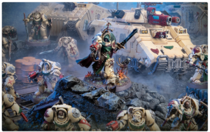 Warhammer 40K battle scene a central space marine with a sword stands on a rocky promontory surrounded by infantry as a large armored vehicle looms in the smoky battlefield