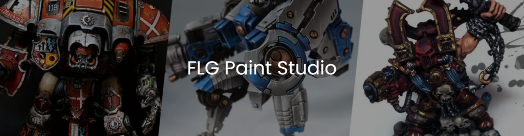 Screenshot 20260921 130342 Frontline Gaming Banner featuring three painted miniatures red armor blue mech dark demon with FLG Paint Studio text overlay for branding