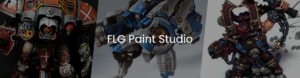 Banner featuring three painted miniatures red armor blue mech dark demon with FLG Paint Studio text overlay for branding