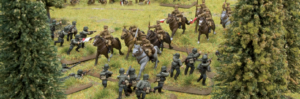 Miniature soldiers clash in a grassy field infantry fire as cavalry charge framed by trees