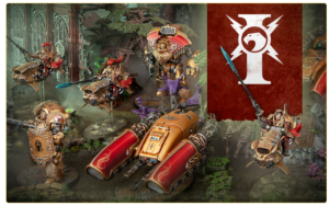 Warrior miniatures ride armored bikes in a ruined forest scene beneath a red banner with a white emblem