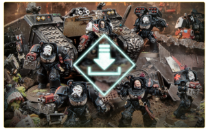 Row of armored sci fi soldiers in combat with tanks neon download icon centered on the image