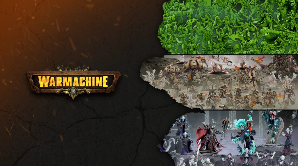 WMWednesdayHeader2500x1400bfeb711740824afd810fffe38dfb6916 Frontline Gaming Banner featuring the War Machine logo on a dark cracked background with three horizontal panels of miniatures green army top armored troops middle and fantasy creatures bottom