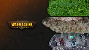 Banner featuring the War Machine logo on a dark cracked background with three horizontal panels of miniatures green army top armored troops middle and fantasy creatures bottom