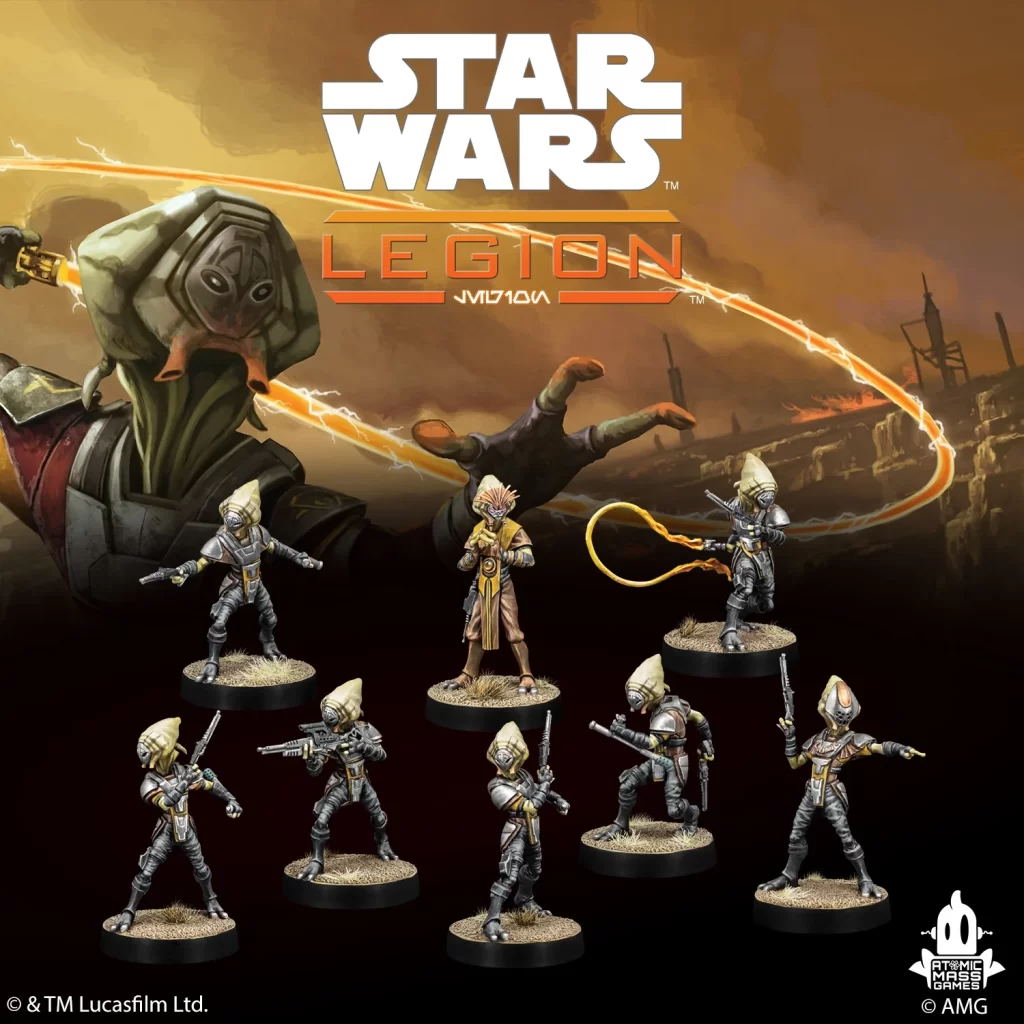 Star Wars Legion promotional art with a towering alien figure swinging an orange energy arc over a squad of armored miniatures in a desert battle scene