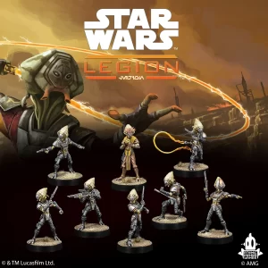 Star Wars Legion promotional art with a towering alien figure swinging an orange energy arc over a squad of armored miniatures in a desert battle scene