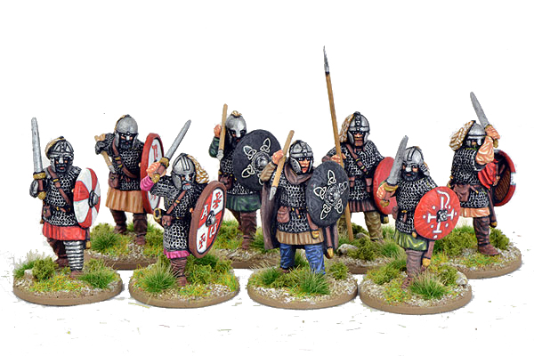 a1 Frontline Gaming Ten miniature medieval knights in chainmail with round shields and spears standing in a line on grassy bases
