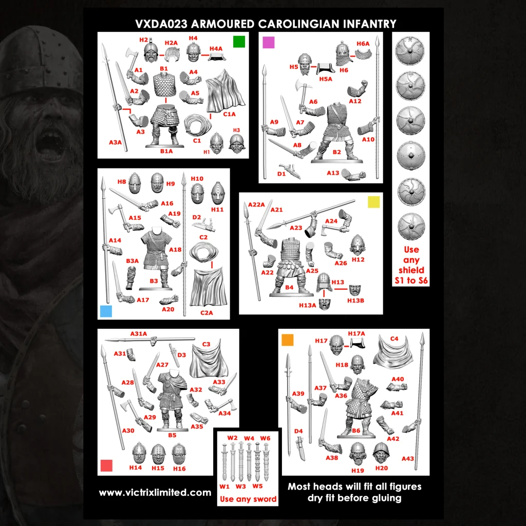 a1 Frontline Gaming Diagram of armored Carolingian infantry gear with labeled parts A1A13 H1H6 including helmets shields swords and chainmail across two panels