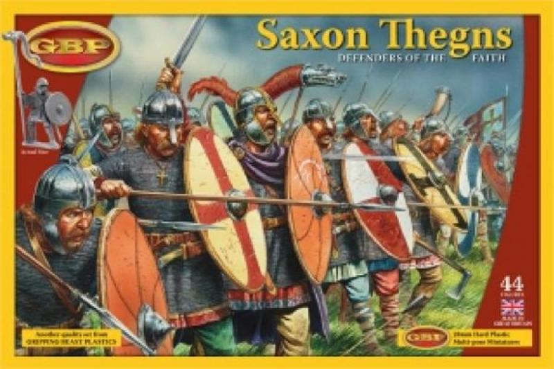 a5 Frontline Gaming Box art for the vintage board game Saxon Thegns Defenders of the Faith showing armored warriors with shields marching into battle
