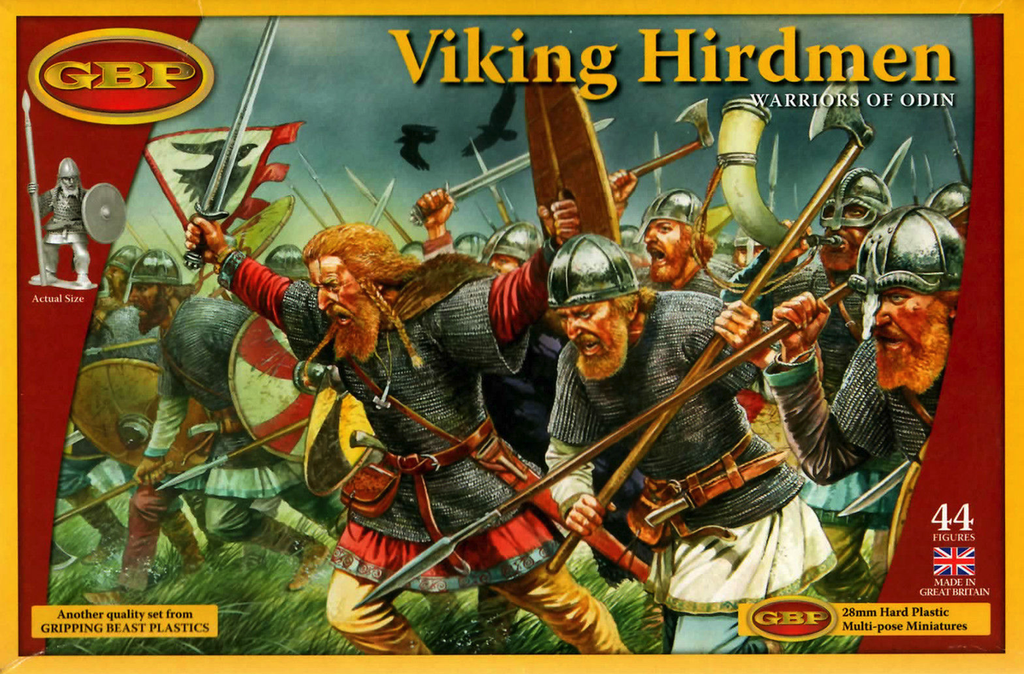 a6 Frontline Gaming Box art showing Viking Hirdmen miniature warriors charging in battle holding shields and spears with fierce expressions and flowing red beards on a vivid battlefield scene