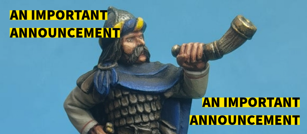 aa Frontline Gaming Statue of a armored warrior blowing a horn with bold yellow banners reading AN IMPORTANT ANNOUNCEMENT overlaying the image