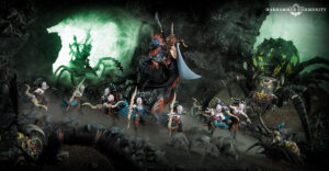 Demonic dragon leading skeletal soldiers in a dark cavern with a glowing green portal in the background