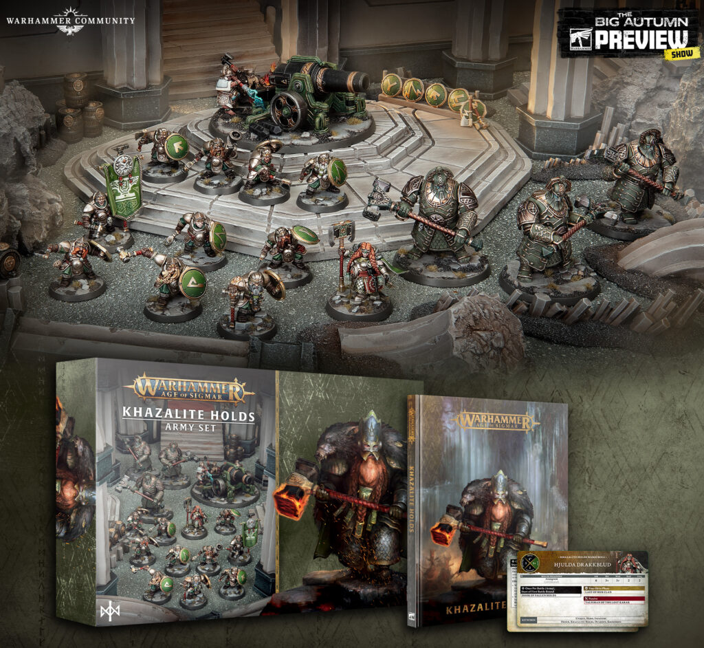 Warhammer Age of Sigmar diorama with dwarven artillery crew and green armored infantry around a central siege cannon on rocky steps Khazalite Holds Army Set packaging visible
