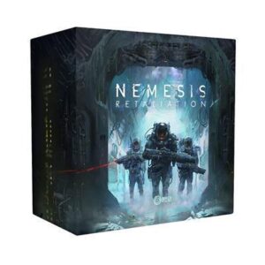 Boxed board game Nemesis with sci fi artwork a team of astronauts in a dark tunnel like setting on the cover
