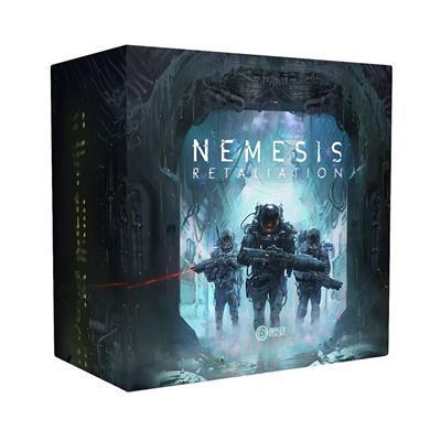 Boxed board game Nemesis with sci fi artwork a team of astronauts in a dark tunnel like setting on the cover