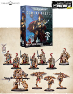 Boxed Warhammer 40000 Combat Patrol Adeptus Custodes set displayed above a row of gold armored Custodes miniatures on a parchment backdrop with Warhammer Community logo top left and The Big Autumn Preview sign top right