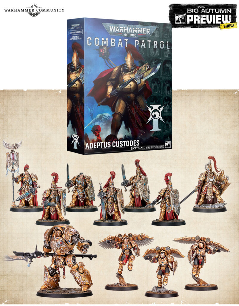Boxed Warhammer 40000 Combat Patrol Adeptus Custodes set displayed above a row of gold armored Custodes miniatures on a parchment backdrop with Warhammer Community logo top left and The Big Autumn Preview sign top right
