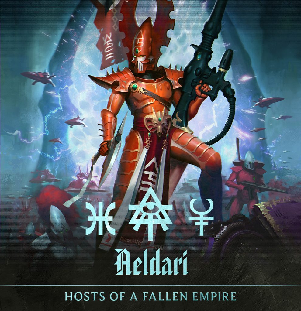 Red armored warrior with a large gun stands on a stormy battlefield glowing runes title Aeldari and Hosts of a Fallen Empire