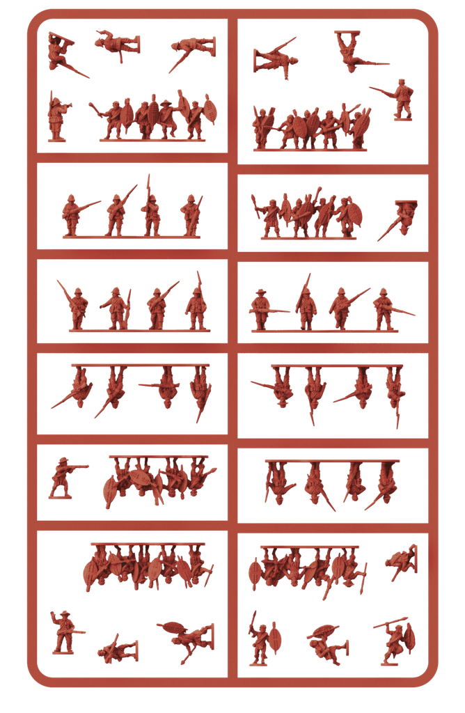 Sheet of red plastic miniature soldiers attached to a sprue frame arranged in a grid with various combat poses spears shields swords
